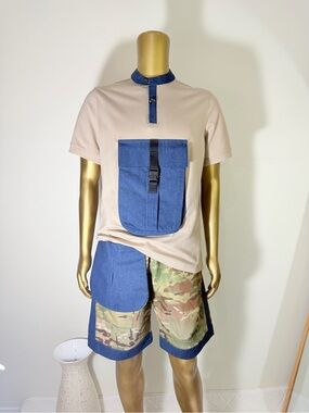 Beige and Blue Cargo Shorts with Camouflage Panels — Men